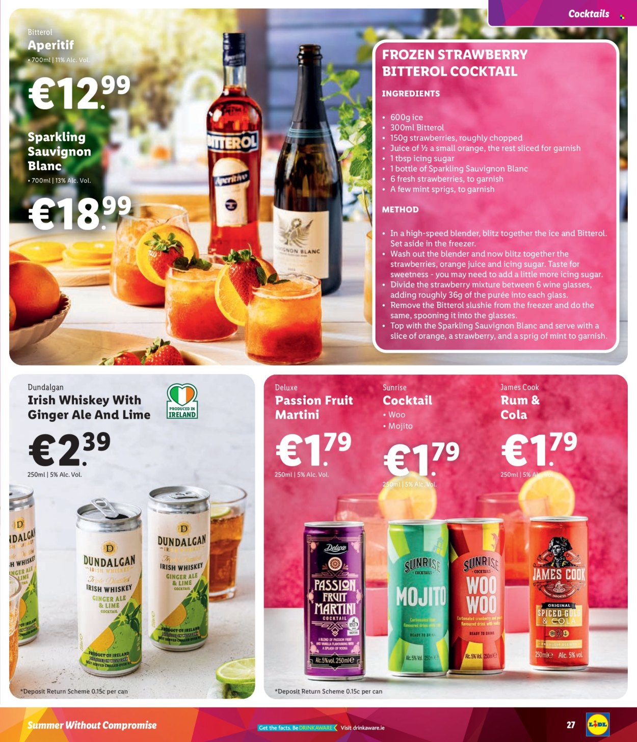 thumbnail - Lidl offer  - Sales products - sugar, icing sugar, mint, ginger ale, orange juice, cocktail, white wine, wine, Sauvignon Blanc, rum, Martini, Bitterol, mojito, wine glass, blender. Page 27.