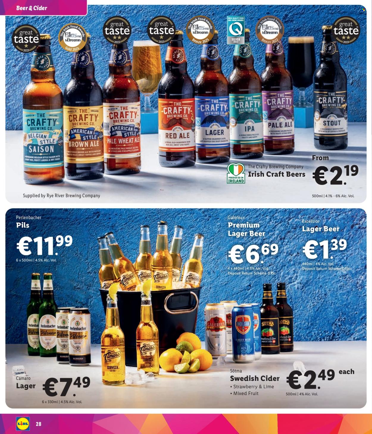 thumbnail - Lidl offer  - Sales products - pineapple, alcohol, cider, Lager, IPA, stout, Perlenbacher. Page 28.