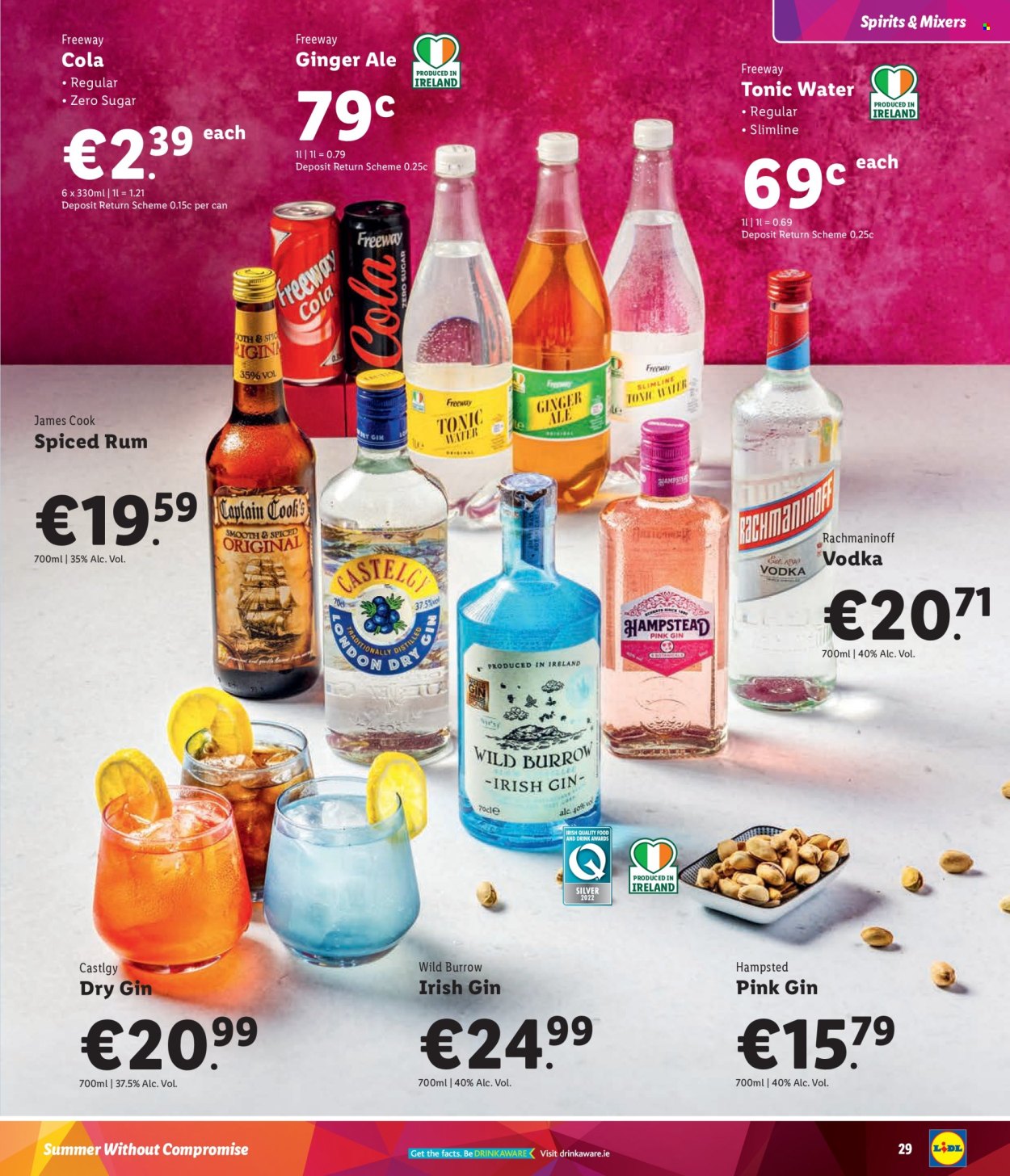 thumbnail - Lidl offer  - Sales products - Cook's, ginger ale, tonic, Coca-Cola zero, alcohol, gin, rum, spiced rum, vodka. Page 29.