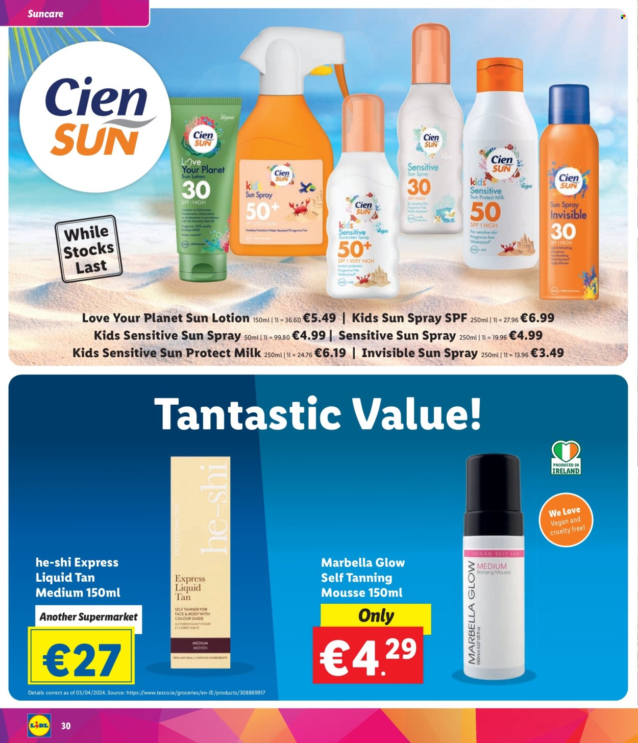 thumbnail - Lidl offer  - Sales products - mousse, milk, Cien, sun care, self tanning product, sunscreen lotion, sun lotion, sun spray. Page 30.