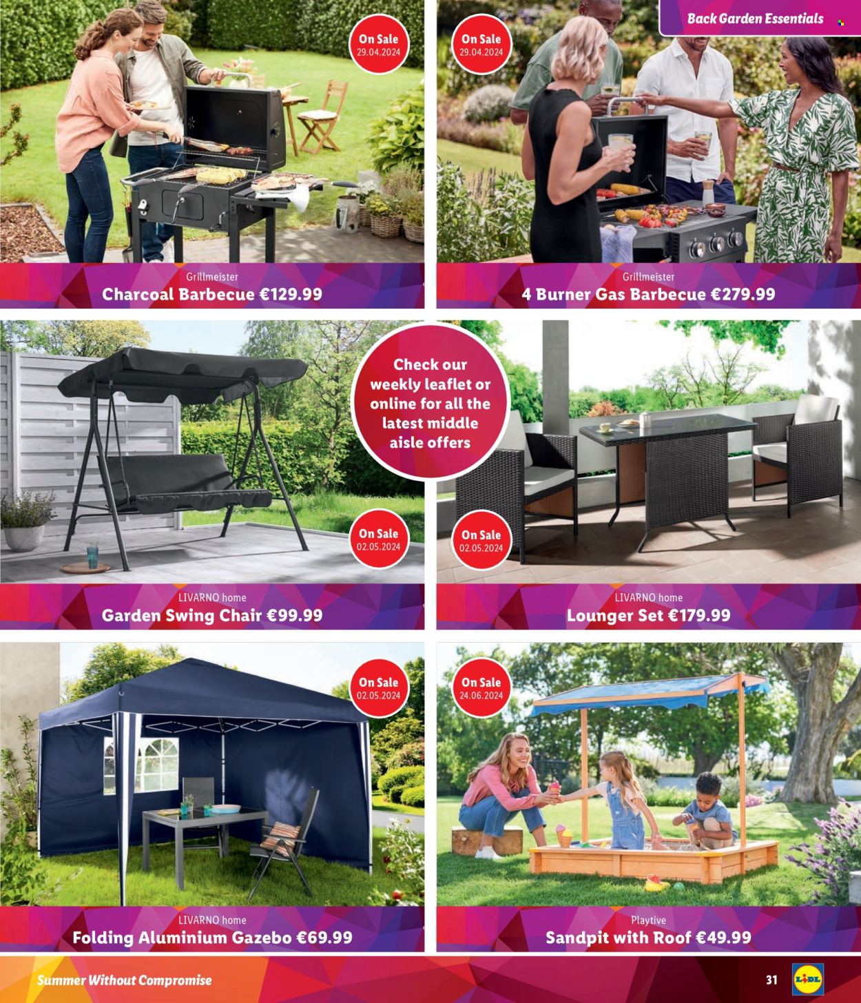 thumbnail - Lidl offer  - Sales products - chair, lounger, patio swing, sandpit, gazebo, grill, burner gas barbecue, charcoal grill. Page 31.