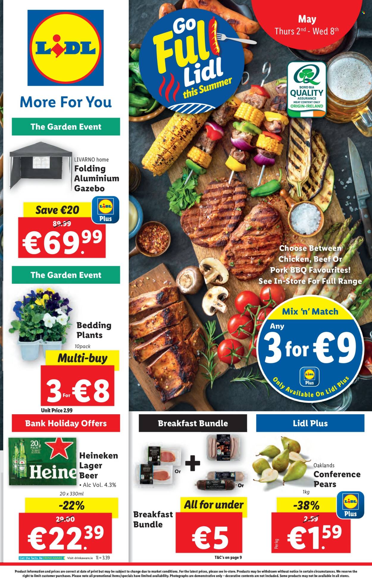 thumbnail - Lidl offer  - 02.05.2024 - 08.05.2024 - Sales products - pears, breakfast bundle, alcohol, beer, Heineken, Lager, chicken, gazebo, outdoor plant. Page 1.