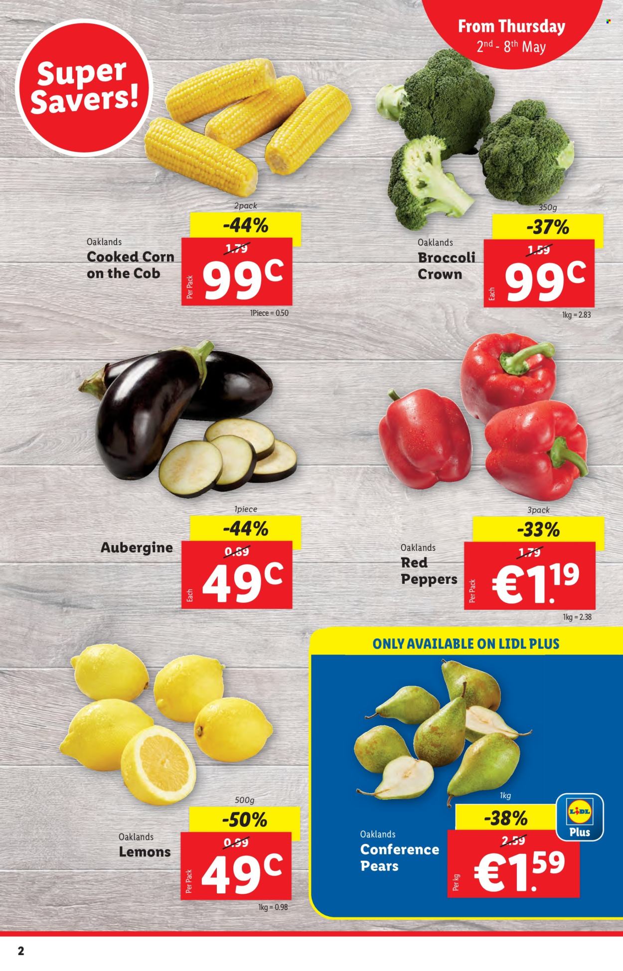 thumbnail - Lidl offer  - 02.05.2024 - 08.05.2024 - Sales products - broccoli, corn, peppers, eggplant, red peppers, pears, lemons. Page 2.