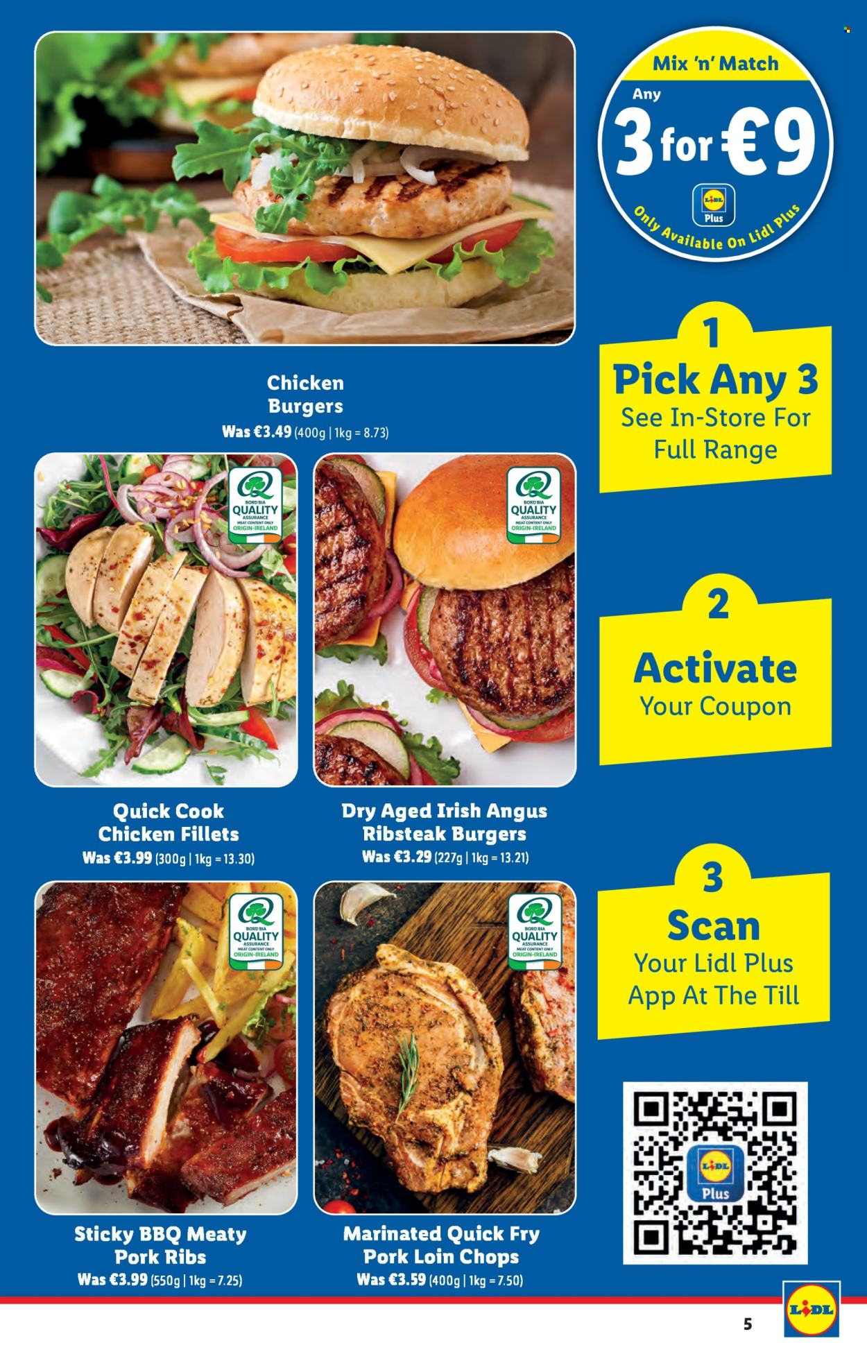thumbnail - Lidl offer  - 02.05.2024 - 08.05.2024 - Sales products - hamburger, chicken fillet, ribs, pork chops, pork loin, pork meat, pork ribs. Page 5.