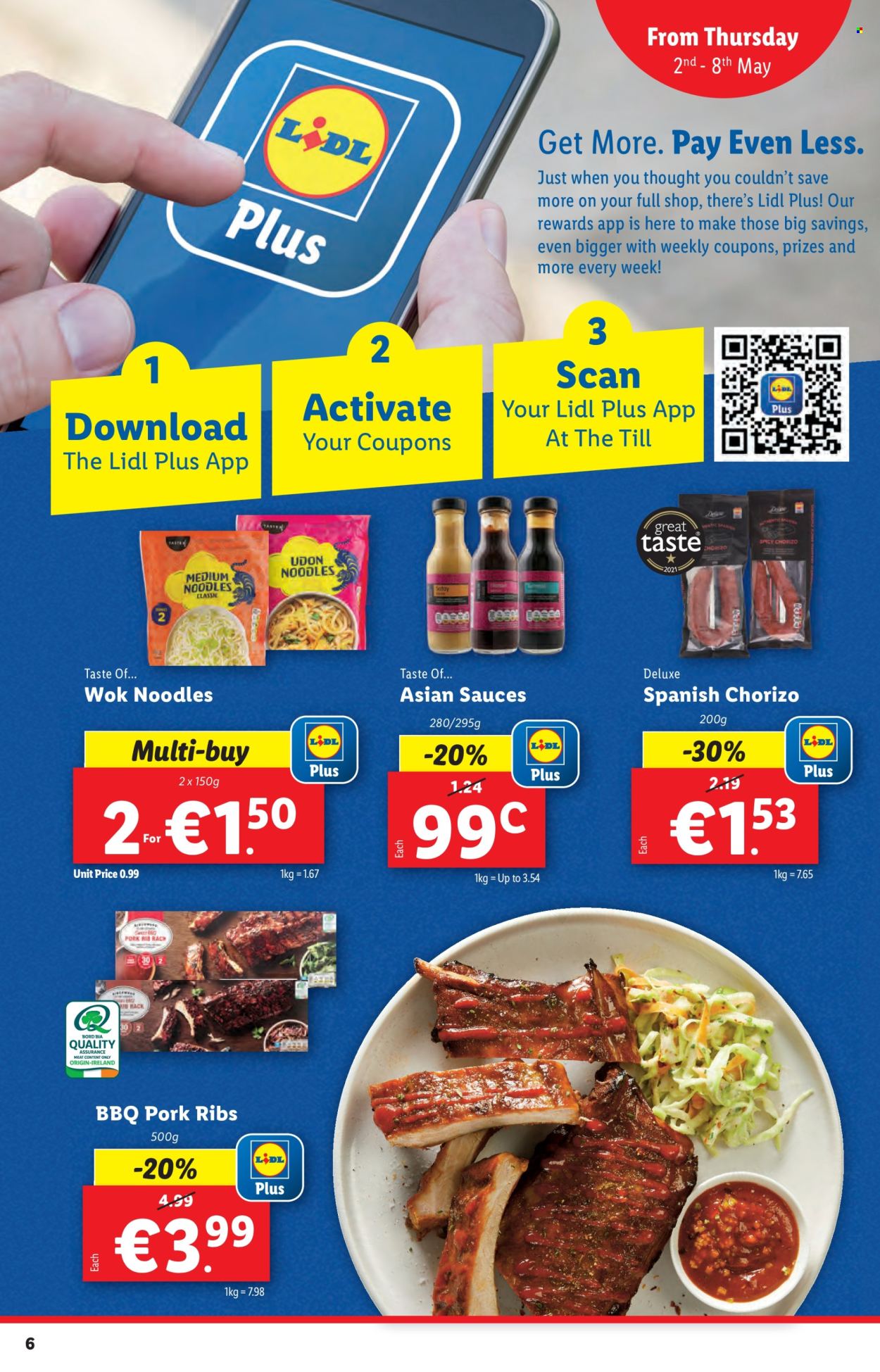 thumbnail - Lidl offer  - 02.05.2024 - 08.05.2024 - Sales products - noodles, chorizo, ribs, pork meat, pork ribs, wok, sauce. Page 6.