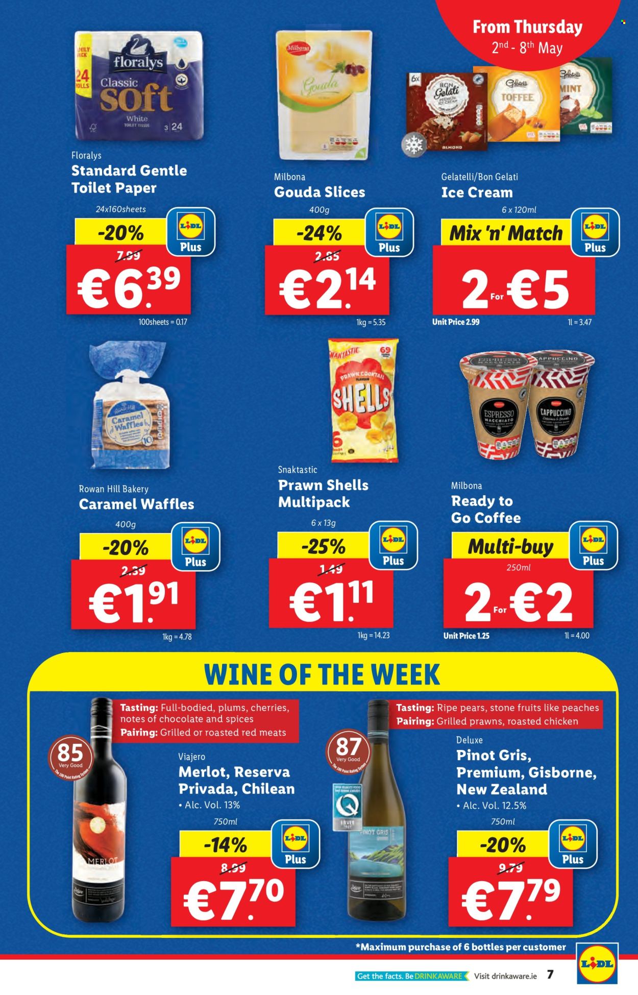 thumbnail - Lidl offer  - 02.05.2024 - 08.05.2024 - Sales products - waffles, pears, peaches, chicken roast, ready meal, gouda, sliced cheese, ice cream, red wine, white wine, wine, Merlot, alcohol, Pinot Grigio, toilet paper. Page 7.