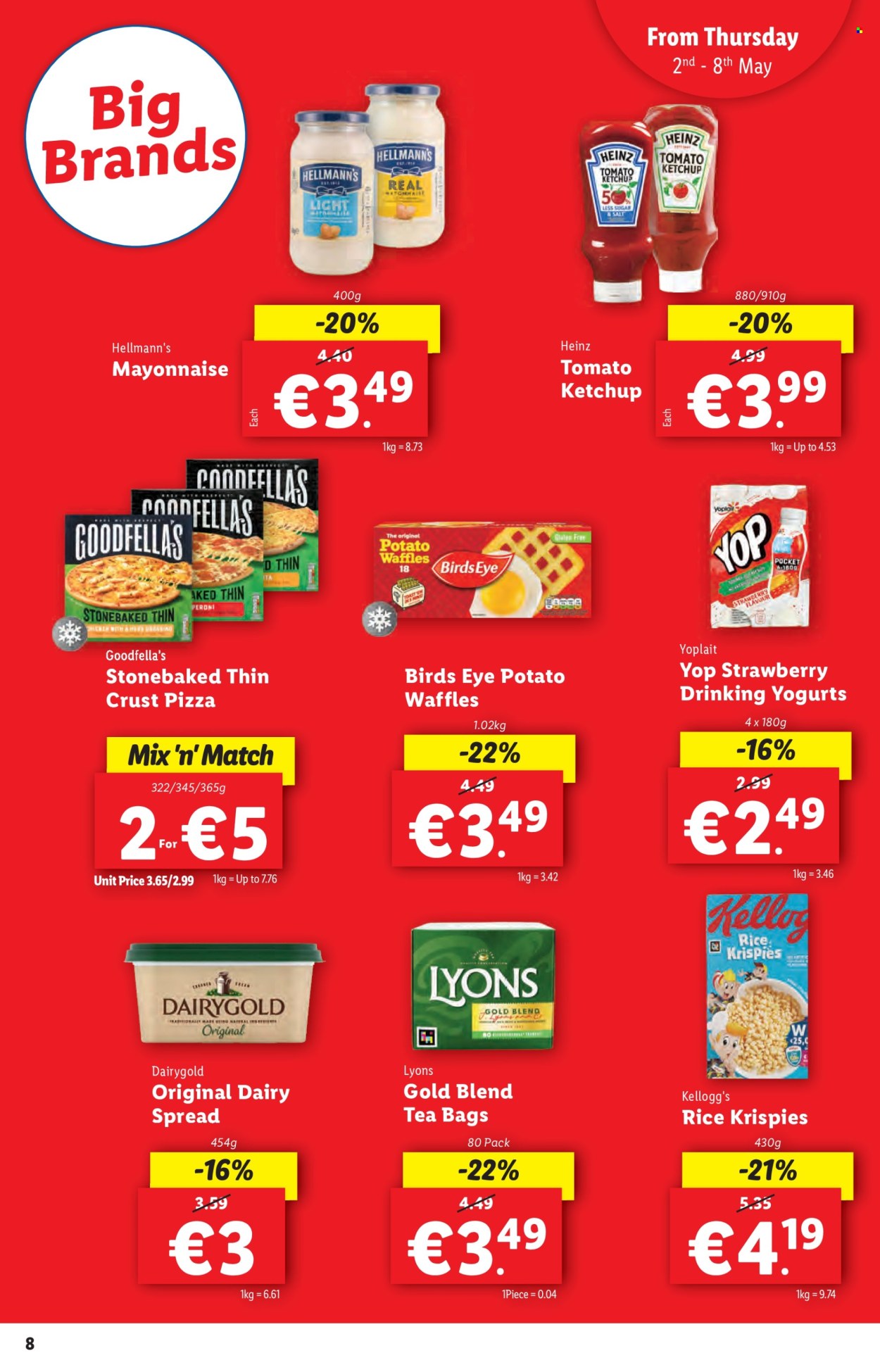 thumbnail - Lidl offer  - 02.05.2024 - 08.05.2024 - Sales products - waffles, pizza, Bird's Eye, Dairygold, Yoplait, buttery spread, mayonnaise, Hellmann’s, Kellogg's, Heinz, Rice Krispies, ketchup, tea bags, Lyons, beer, Peroni. Page 8.