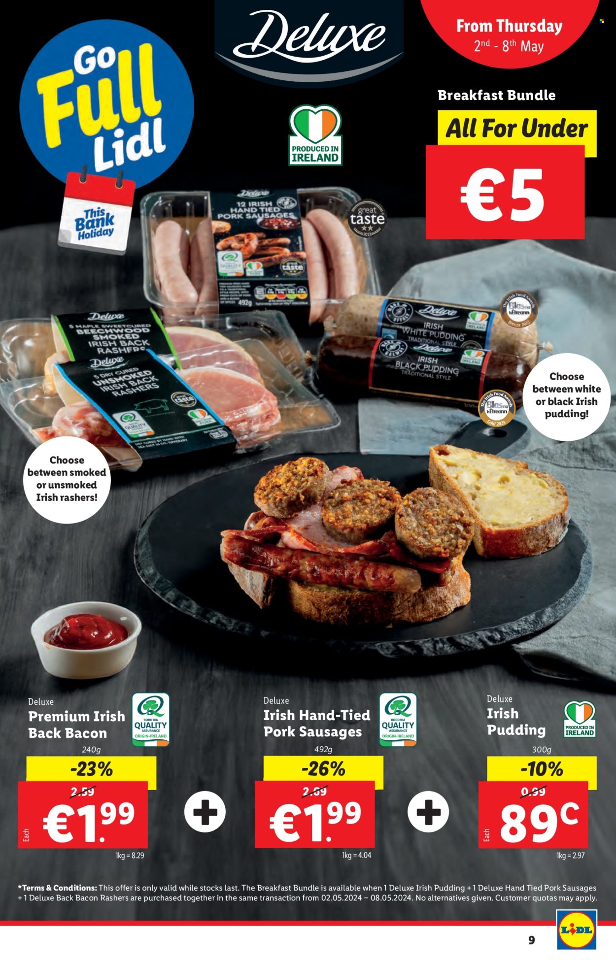 thumbnail - Lidl offer  - 02.05.2024 - 08.05.2024 - Sales products - tart, breakfast bundle, bacon, sausage, pork sausage, black pudding, white pudding. Page 9.