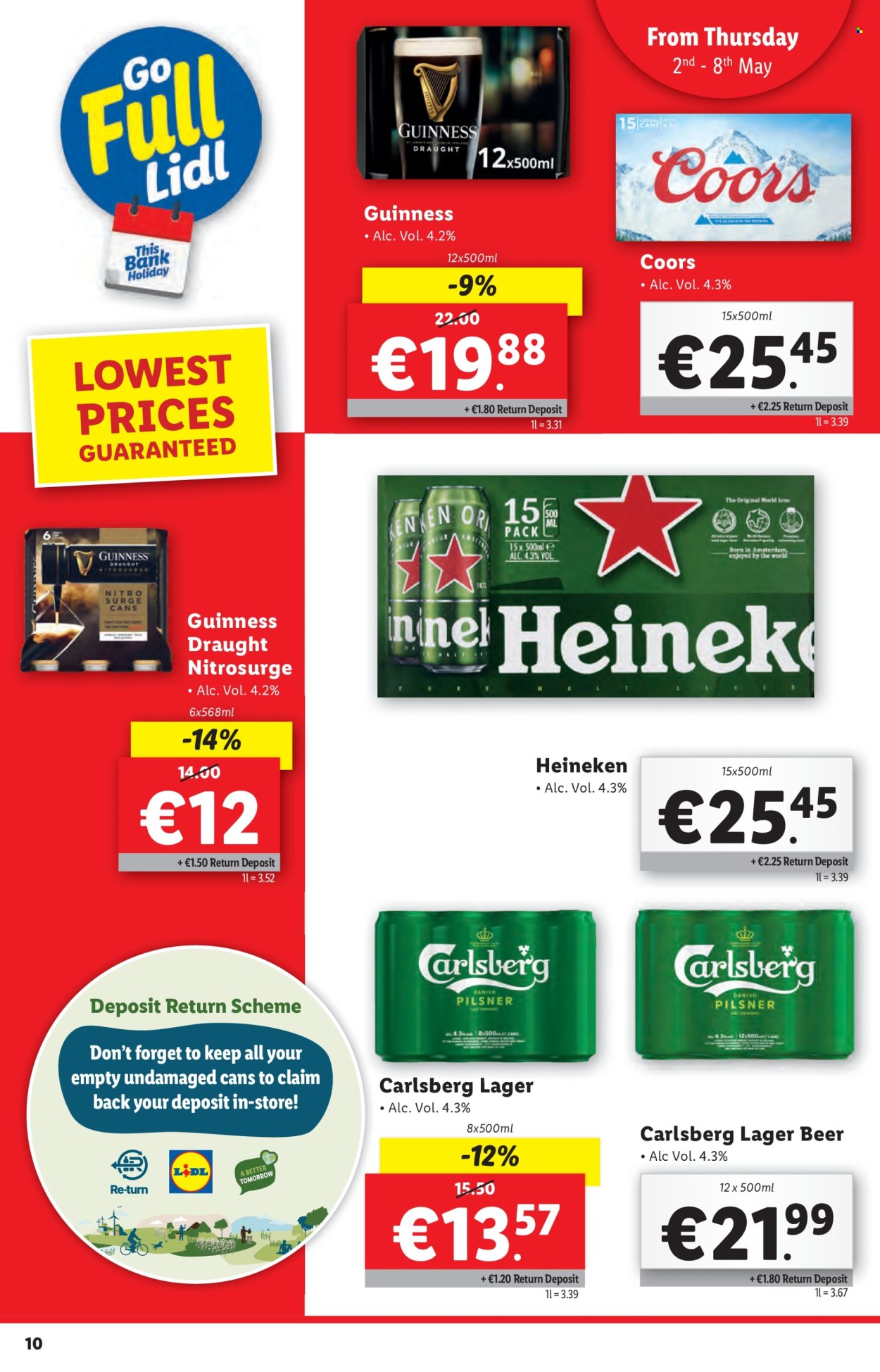 thumbnail - Lidl offer  - 02.05.2024 - 08.05.2024 - Sales products - alcohol, beer, Heineken, Carlsberg, Guinness, Lager, Coors. Page 10.