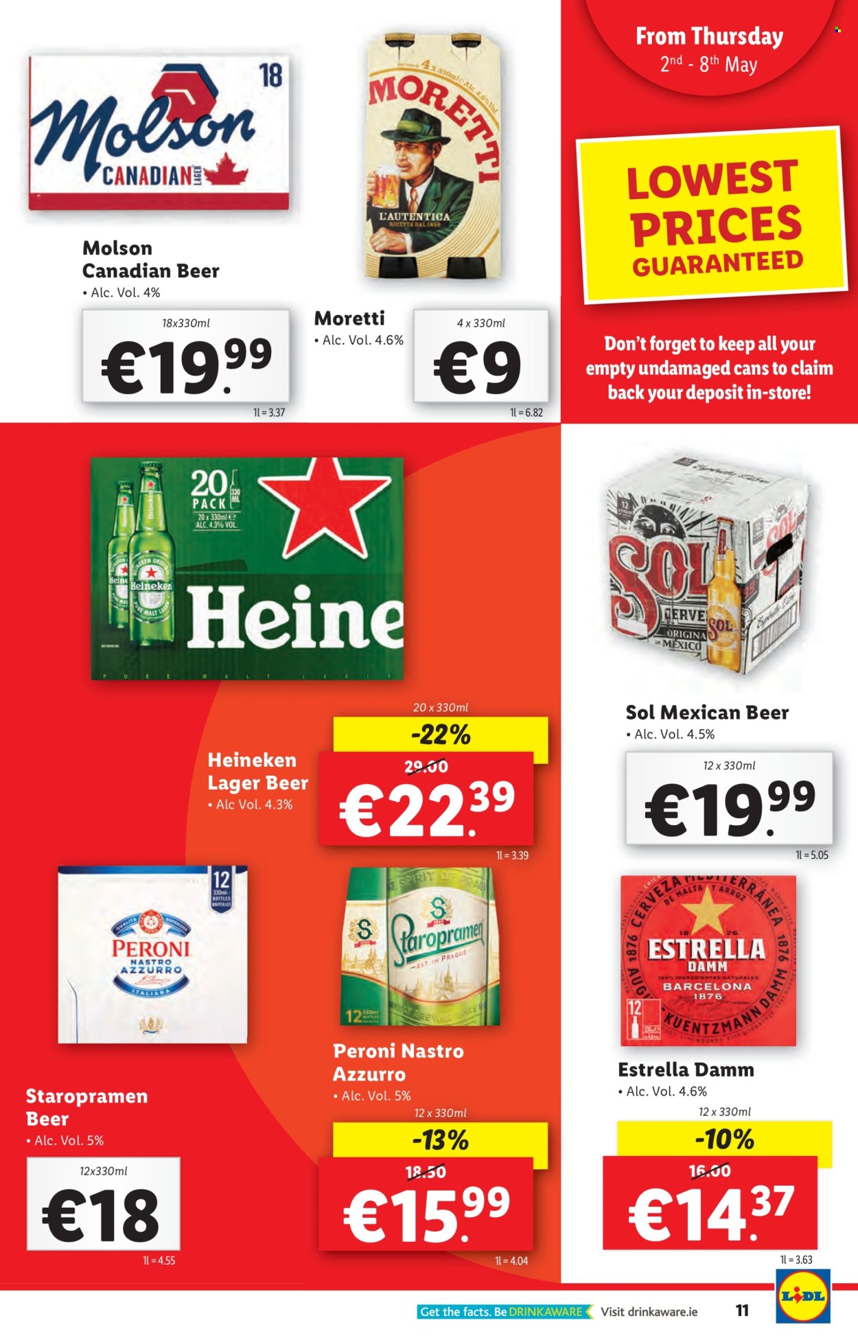 thumbnail - Lidl offer  - 02.05.2024 - 08.05.2024 - Sales products - alcohol, beer, Heineken, Peroni, Sol, Lager, Staropramen, Estrella. Page 11.