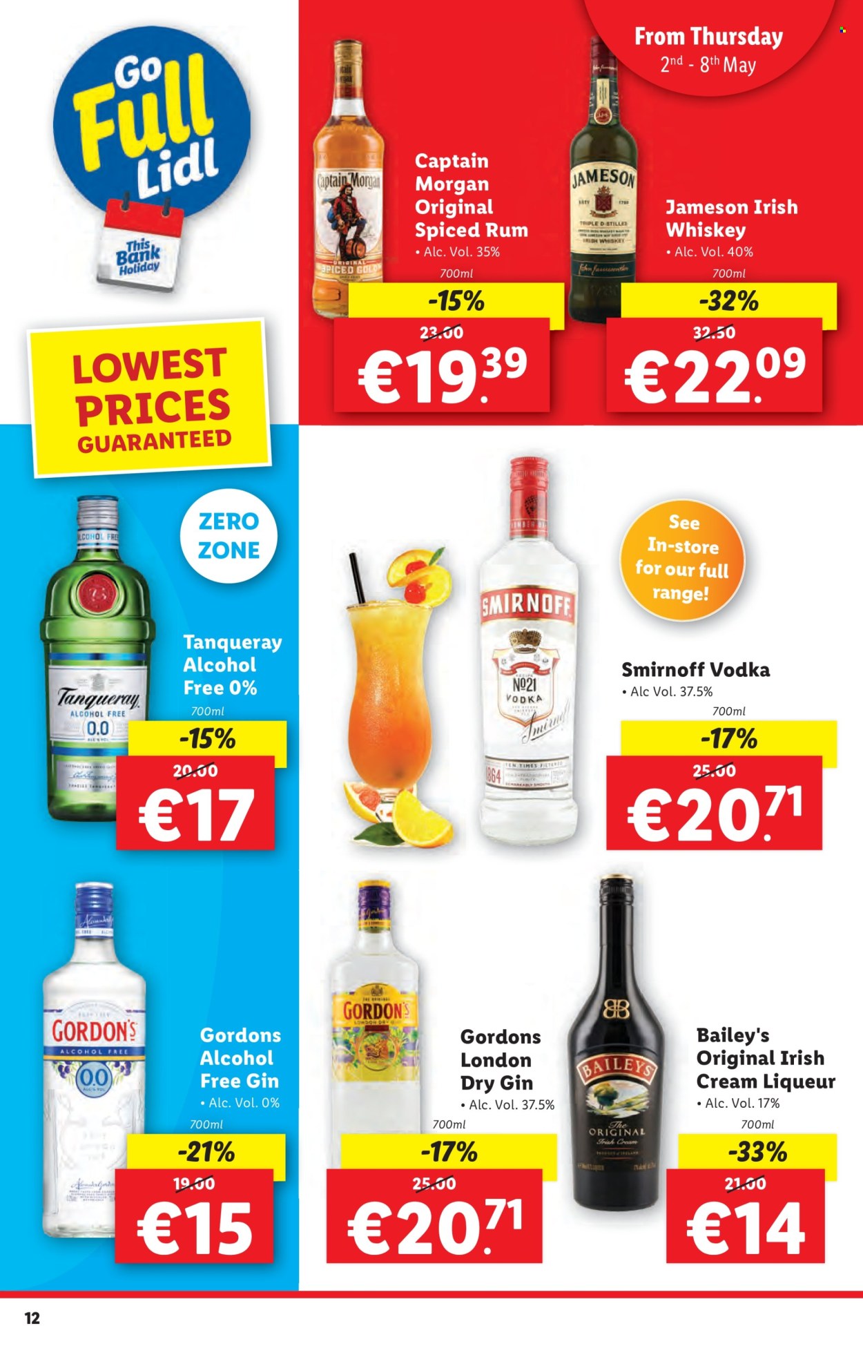thumbnail - Lidl offer  - 02.05.2024 - 08.05.2024 - Sales products - Baileys, alcohol, Captain Morgan, gin, liqueur, rum, Smirnoff, spiced rum, vodka, whiskey, irish whiskey, Jameson, liquor, Gordon's, non-alcoholic beer. Page 12.