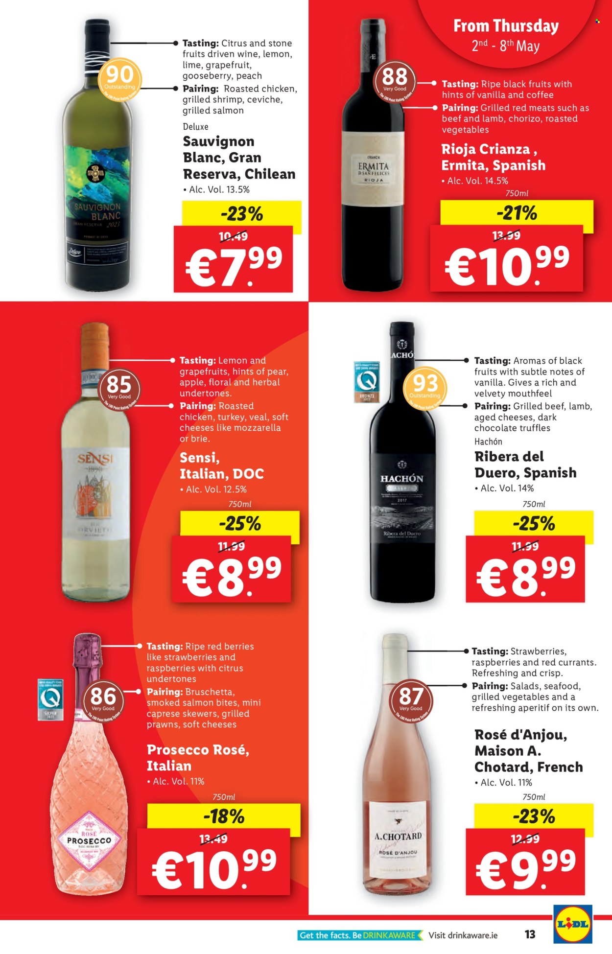 thumbnail - Lidl offer  - 02.05.2024 - 08.05.2024 - Sales products - Apple, grapefruits, lemons, shrimps, chicken roast, bruschetta, ready meal, mozzarella, soft cheese, brie, truffles, dark chocolate, coffee, red wine, white wine, wine, Sauvignon Blanc, aperitif. Page 13.