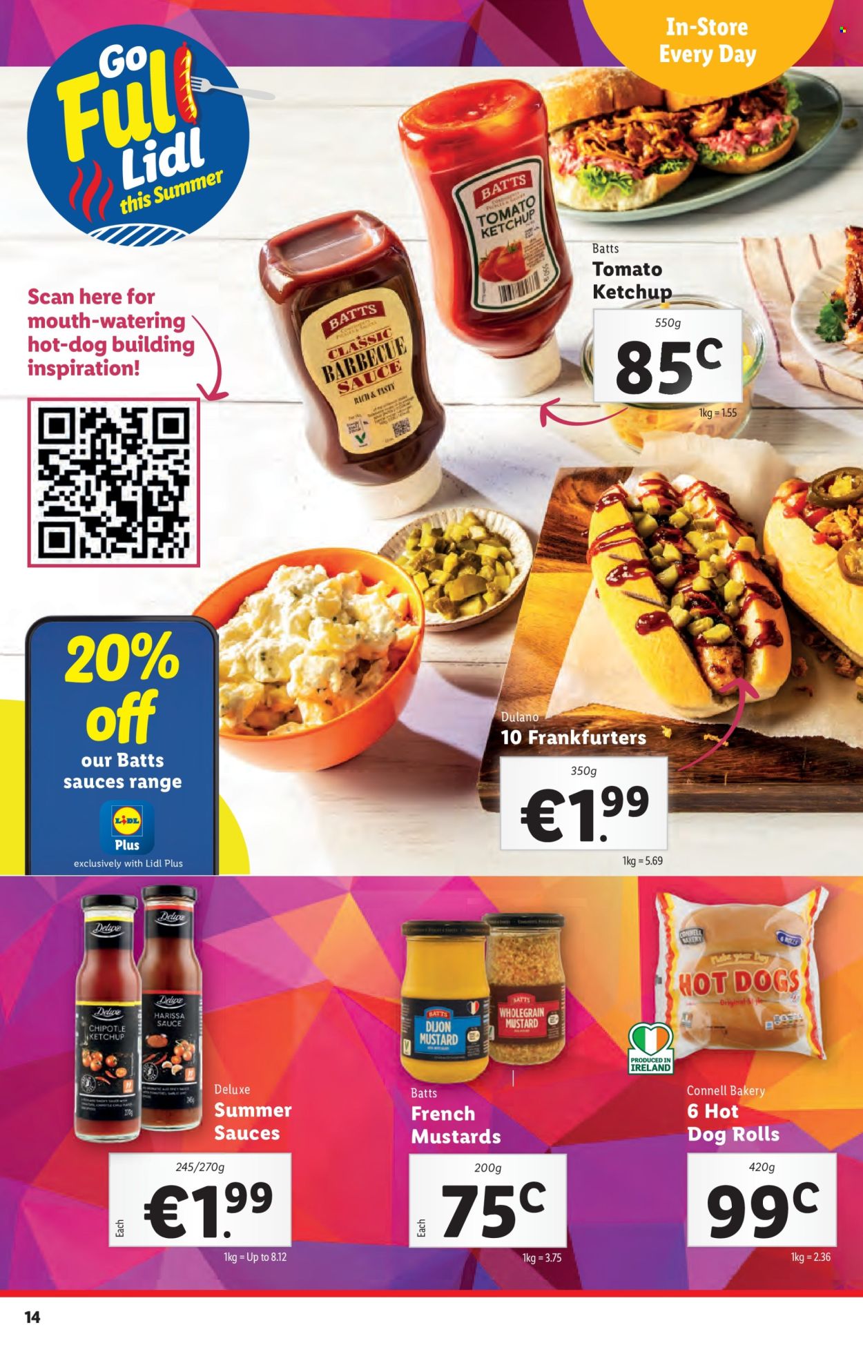 thumbnail - Lidl offer  - 02.05.2024 - 08.05.2024 - Sales products - hot dog rolls, frankfurters, BBQ sauce, mustard, ketchup. Page 14.