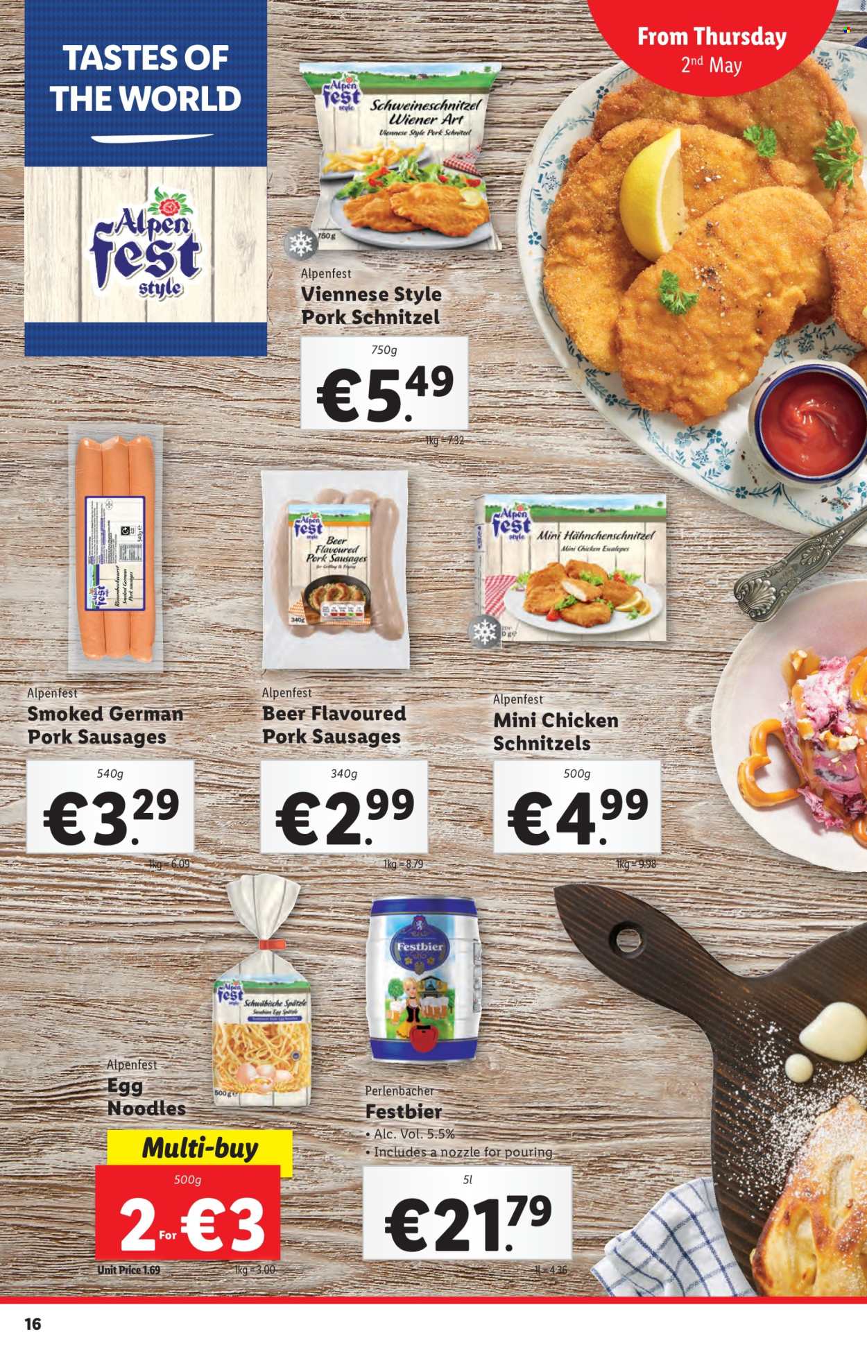 thumbnail - Lidl offer  - 02.05.2024 - 08.05.2024 - Sales products - Alpen Fest, schnitzel, noodles, ready meal, sausage, pork sausage, spätzle, egg noodles, beer, Perlenbacher. Page 16.