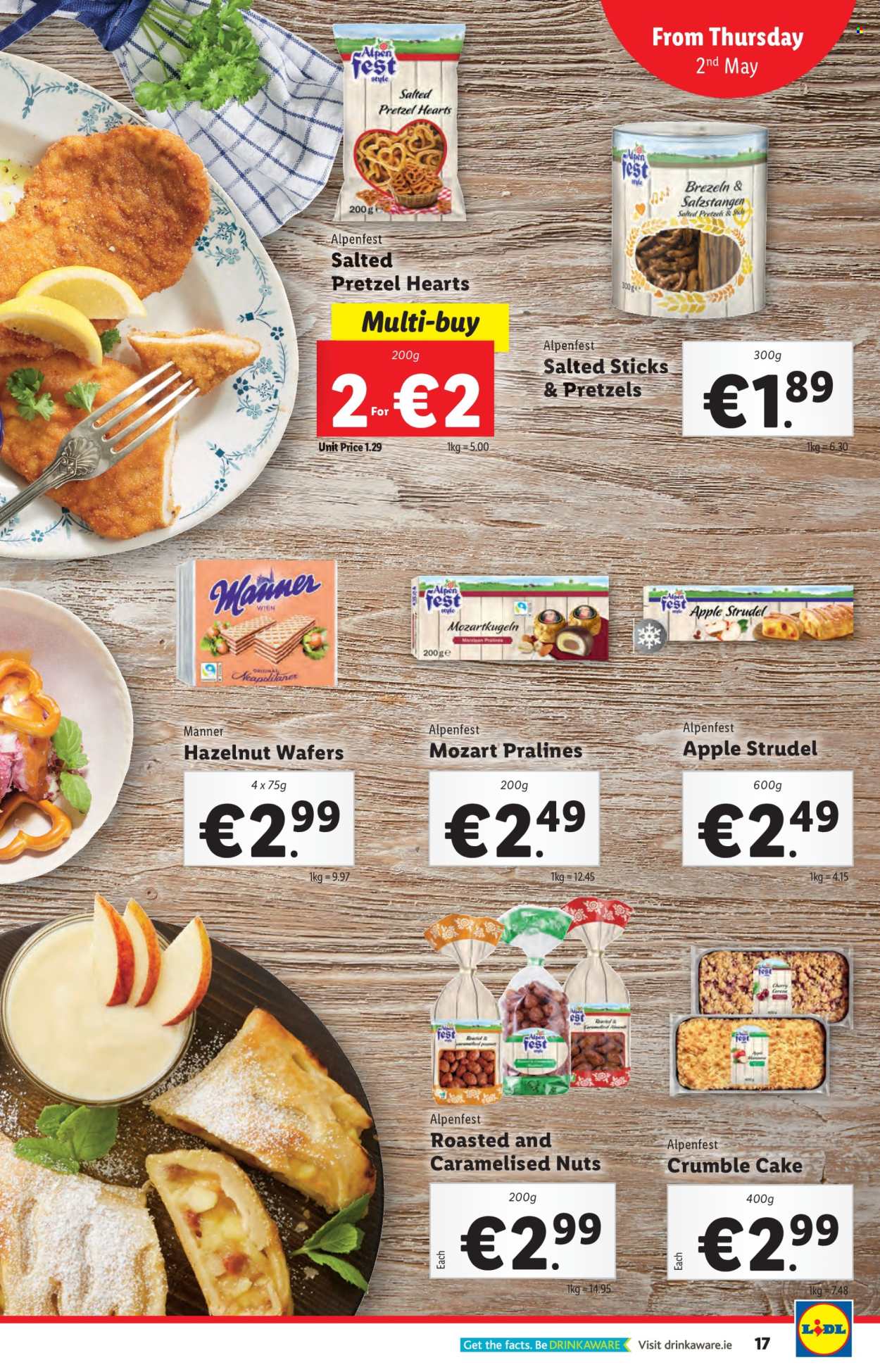 thumbnail - Lidl offer  - 02.05.2024 - 08.05.2024 - Sales products - pretzels, cake, strudel, Alpen Fest, wafers, pralines, chocolate candies. Page 17.