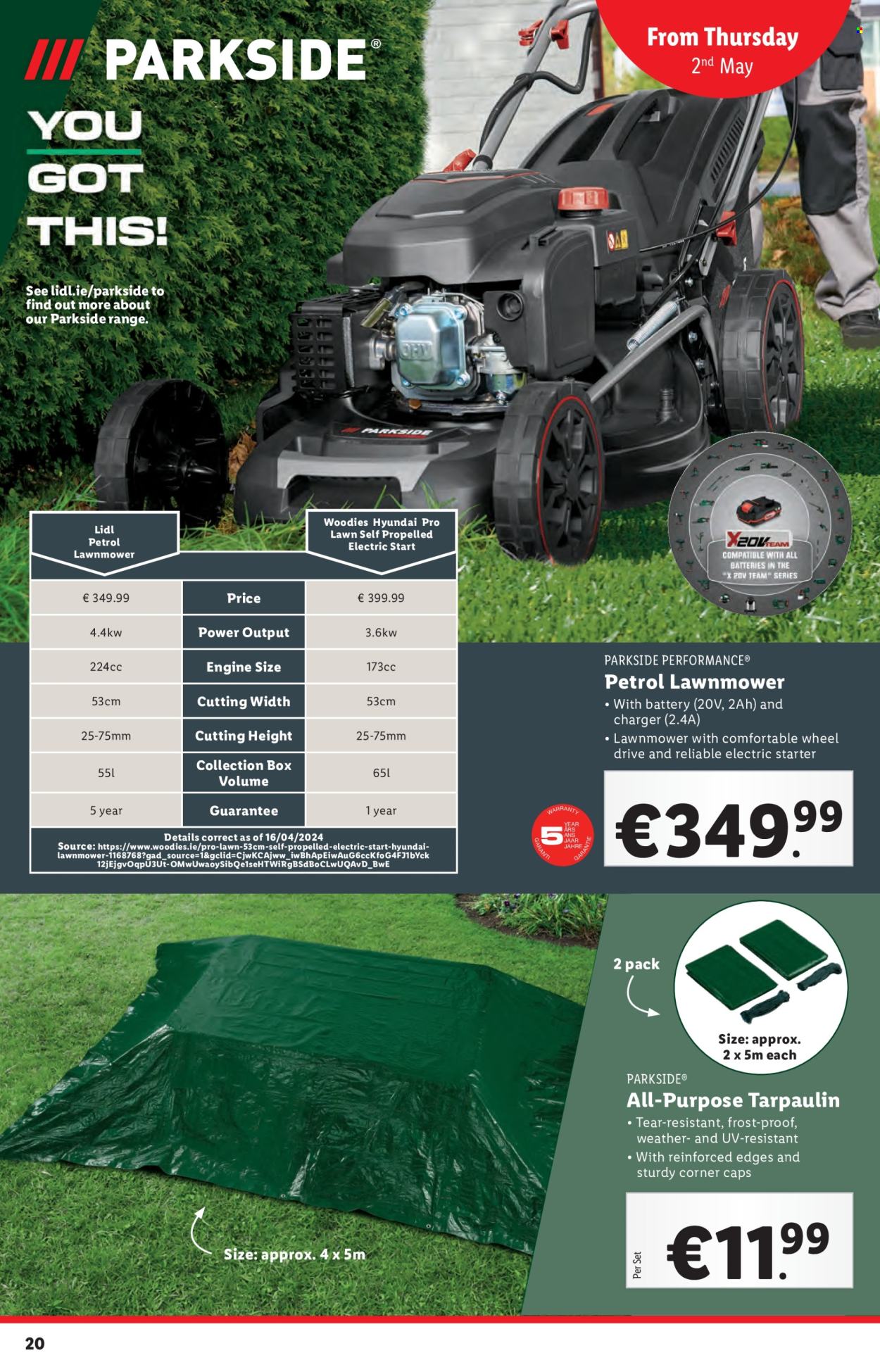thumbnail - Lidl offer  - 02.05.2024 - 08.05.2024 - Sales products - tarpaulin, cap, Parkside, lawn mower, starter. Page 20.
