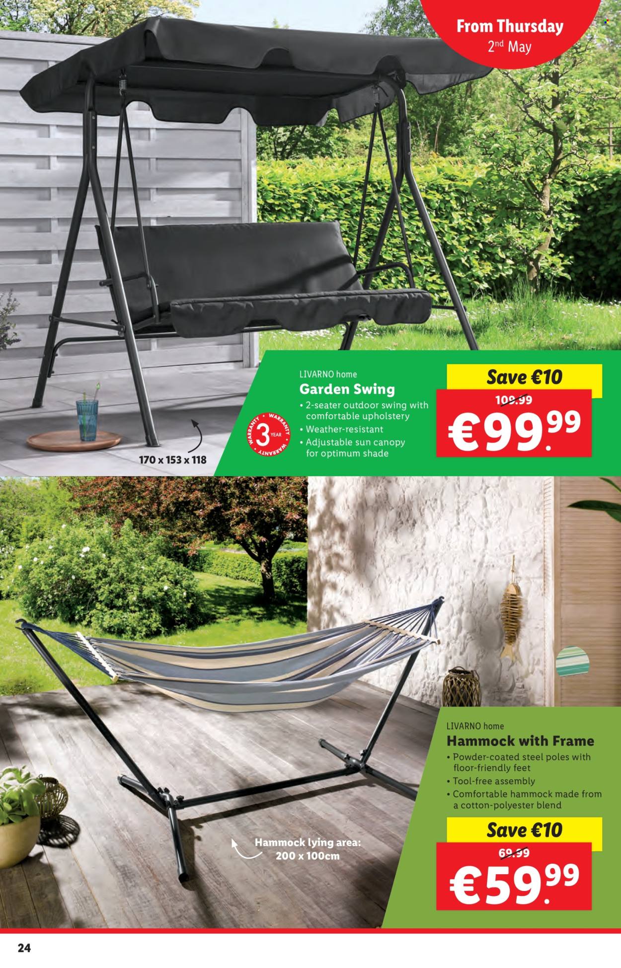 thumbnail - Lidl offer  - 02.05.2024 - 08.05.2024 - Sales products - patio swing, Optimum, hammock. Page 24.