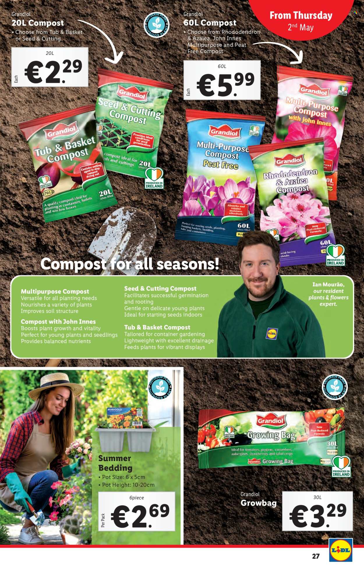 thumbnail - Lidl offer  - 02.05.2024 - 08.05.2024 - Sales products - container, basket, bedding, flowers, rhododendron, compost. Page 27.