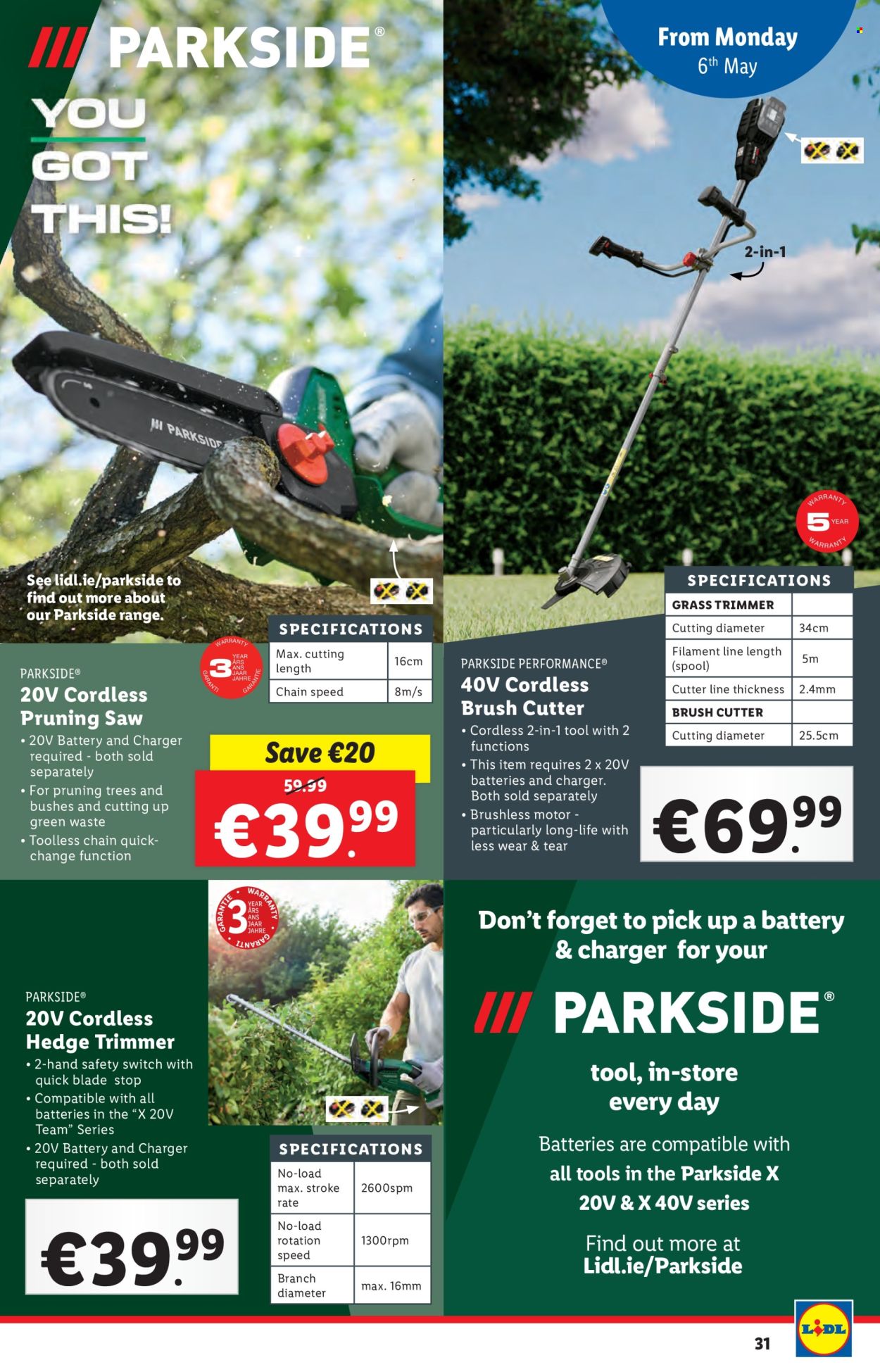 thumbnail - Lidl offer  - 02.05.2024 - 08.05.2024 - Sales products - Parkside, saw, pruning saw, brush cutter, grass trimmer, hedge trimmer. Page 31.