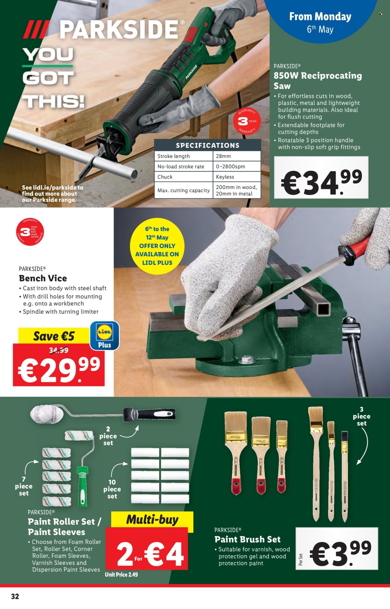 thumbnail - Lidl offer  - 02.05.2024 - 08.05.2024 - Sales products - work bench, brush set, paint brush, painting tools, roller, Parkside, saw, reciprocating saw, bench vice. Page 32.