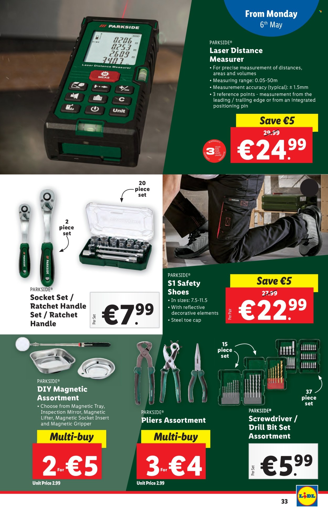 thumbnail - Lidl offer  - 02.05.2024 - 08.05.2024 - Sales products - mirror, laser, shoes, safety boots, tray, pin, Parkside, screwdriver, drill bit set, pliers, socket set, bit set. Page 33.