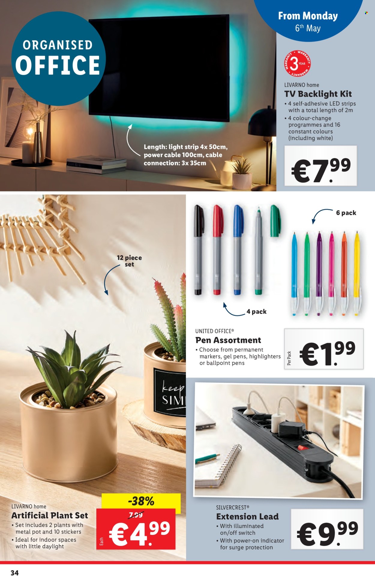 thumbnail - Lidl offer  - 02.05.2024 - 08.05.2024 - Sales products - artificial plant, SilverCrest, strips, highlighters, sticker, pen, marker, ball pen, gel pen, TV, light strip, extension lead. Page 34.