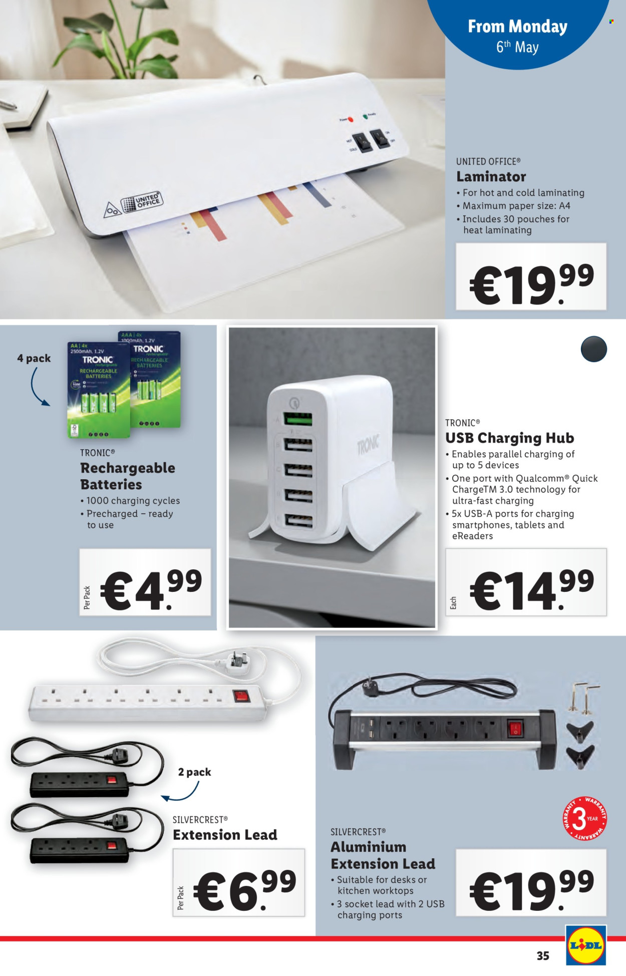 thumbnail - Lidl offer  - 02.05.2024 - 08.05.2024 - Sales products - SilverCrest, paper, battery, charge hub, USB hub, laminator, extension lead. Page 35.