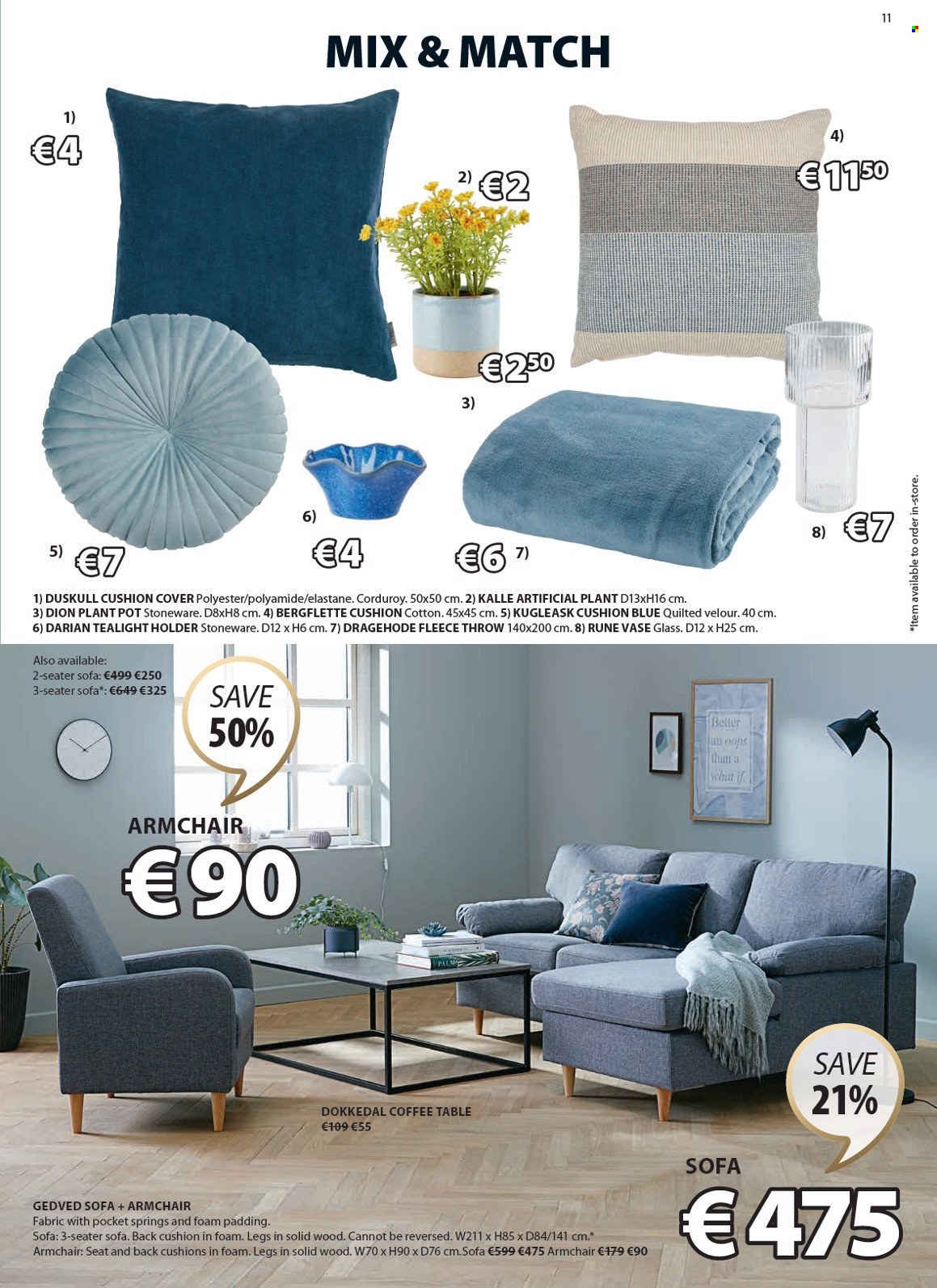 thumbnail - JYSK offer  - 25.04.2024 - 29.05.2024 - Sales products - pillow cover, artificial plant, plant pot, cushion, tealight holder, holder, blanket, vase, arm chair, table, coffee table, sofa. Page 12.