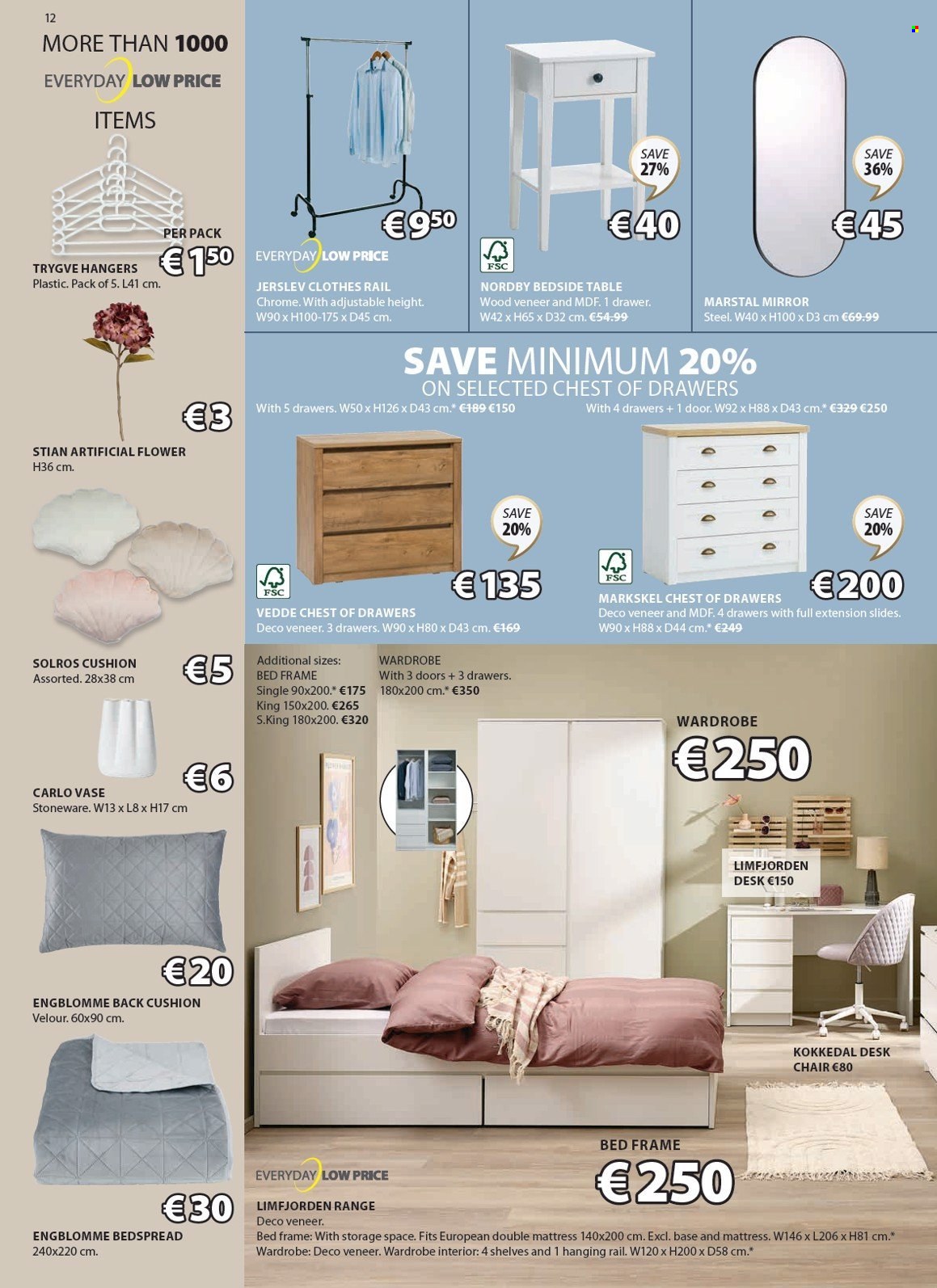 thumbnail - JYSK offer  - 25.04.2024 - 29.05.2024 - Sales products - hanger, artificial flowers, cushion, vase, blanket, clothes rail, bedside table, mirror, chest of drawers, wardrobe, desk, bed frame, chair, office chair. Page 13.