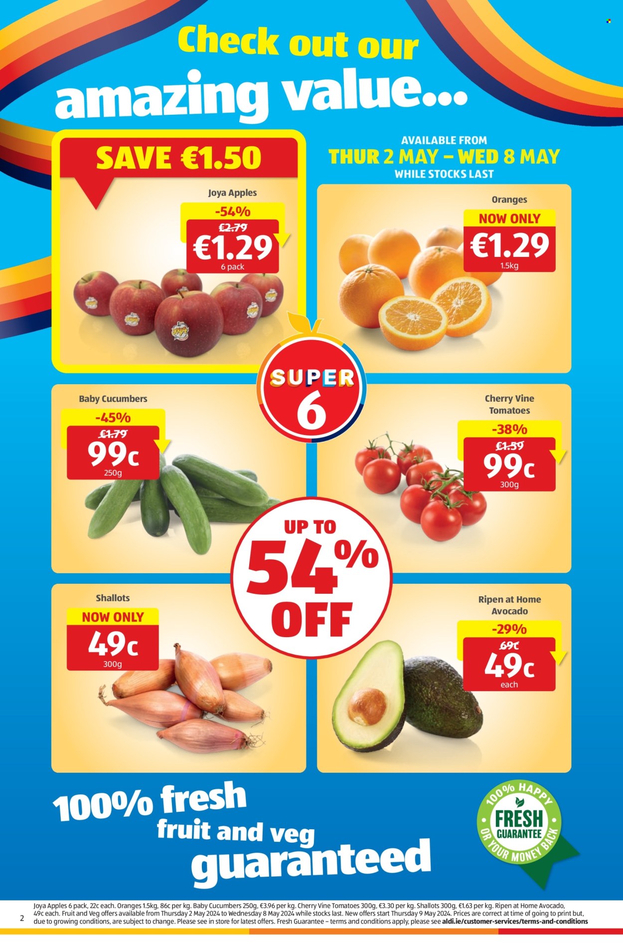 thumbnail - Aldi offer  - 02.05.2024 - 08.05.2024 - Sales products - cucumber, shallots, tomatoes, avocado, oranges, apples. Page 2.