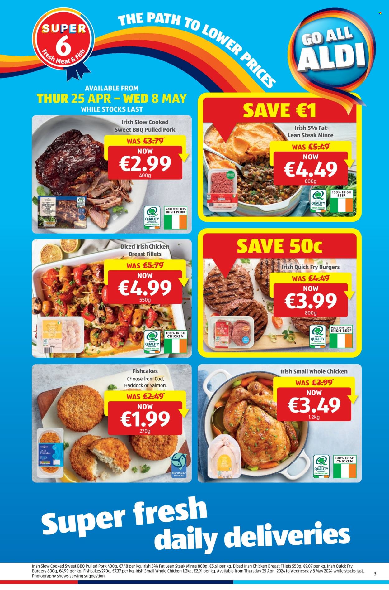 thumbnail - Aldi offer  - 02.05.2024 - 08.05.2024 - Sales products - cod, haddock, hamburger, pulled pork, chicken breasts, fish cake, whole chicken, chicken, ground beef. Page 3.