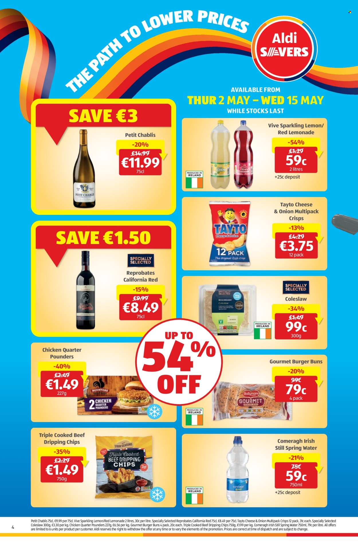 thumbnail - Aldi offer  - 02.05.2024 - 08.05.2024 - Sales products - buns, burger buns, coleslaw, chips, Tayto, crisps, lemonade, spring water, water, white wine, wine, Chablis, chicken. Page 4.