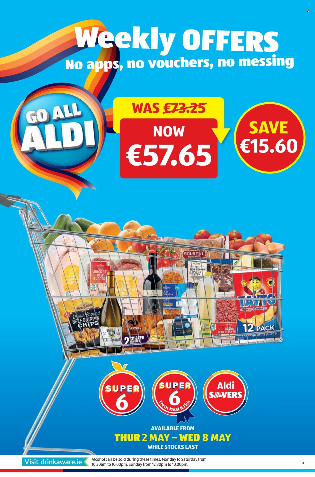 thumbnail - Aldi offer  - 02.05.2024 - 08.05.2024 - Sales products - burger buns, fish, beef burger, chips, white wine, wine, alcohol, Chablis, whole chicken, chicken, steak. Page 5.
