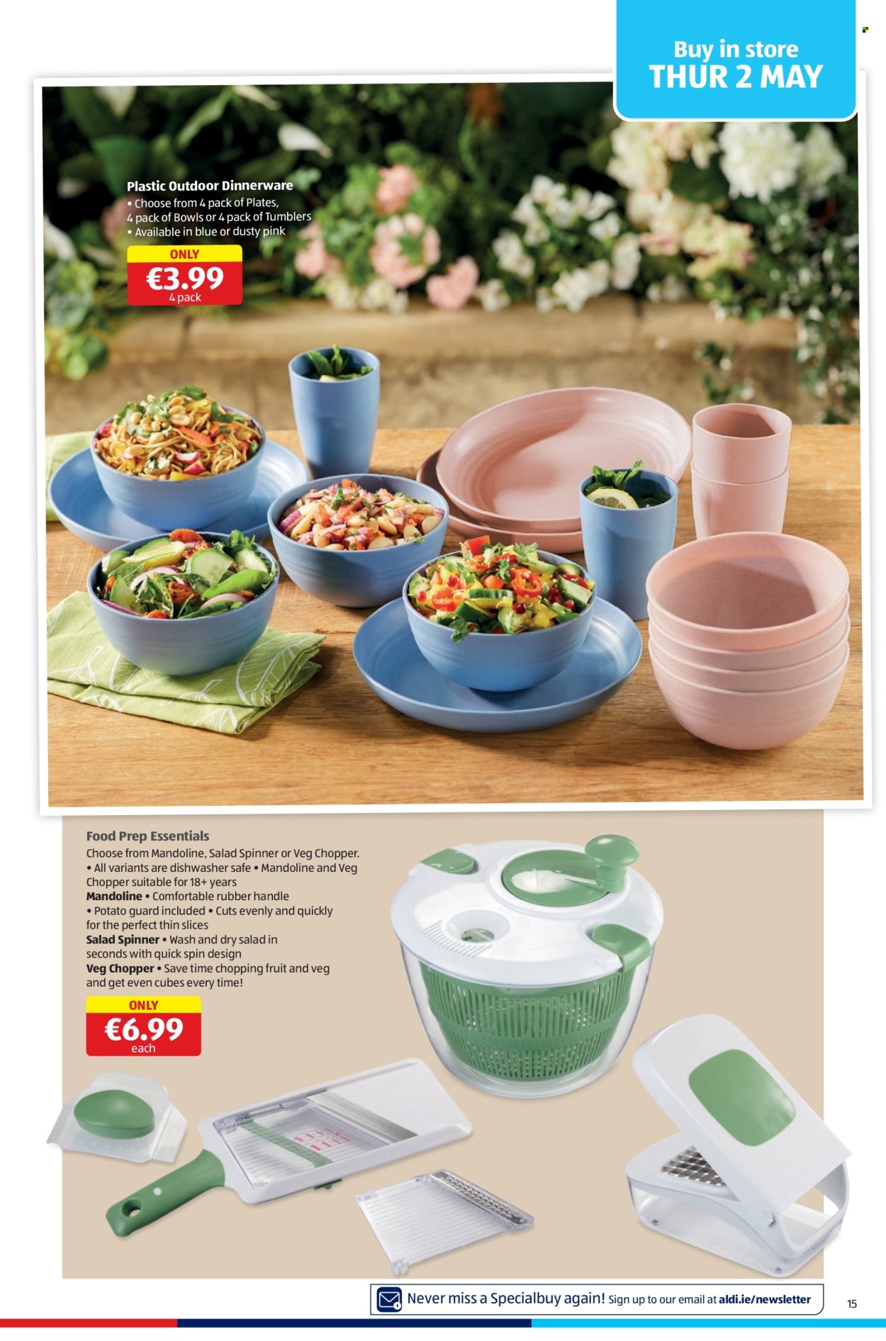 thumbnail - Aldi offer  - 02.05.2024 - 08.05.2024 - Sales products - dinnerware set, tumbler, plate, handy chopper, bowl, salad spinner, eraser, spinner. Page 15.