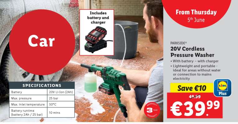 PARKSIDE® 20V Cordless Pressure Washer